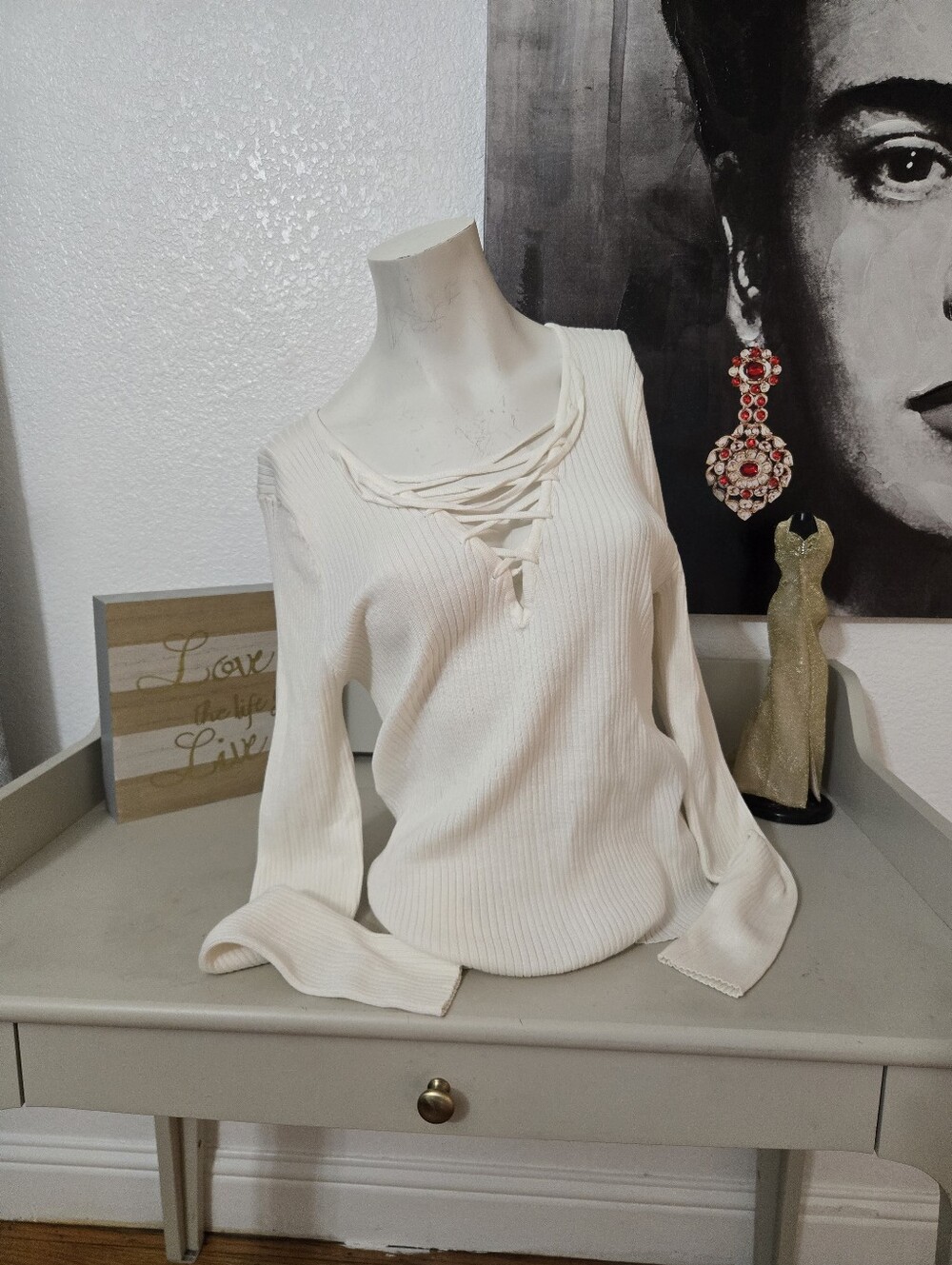 NWT Forever 21+ Women's Cream Lace-Up Ribbed Long Sleeve Top Size 2X